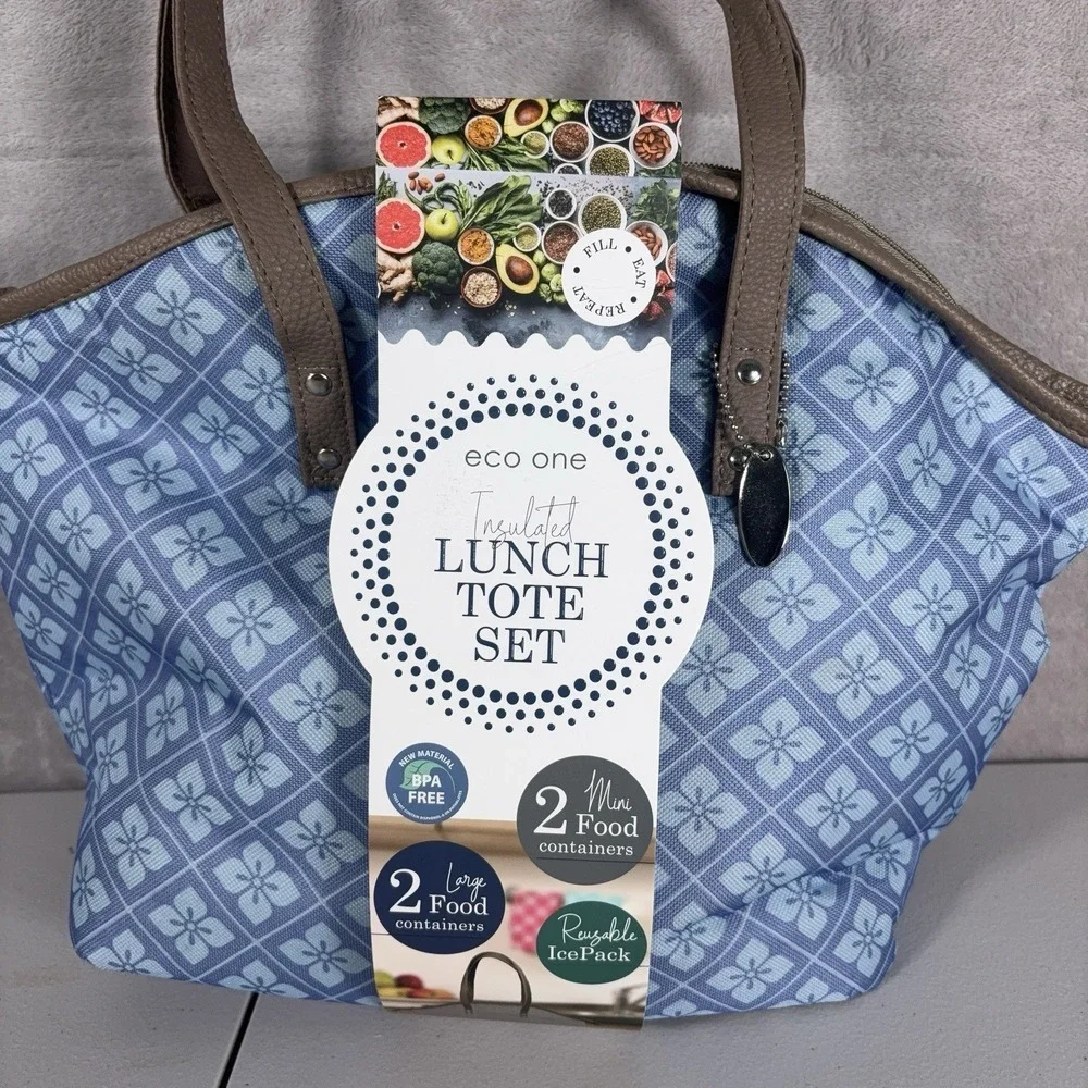 Eco One Insulated Lunch Tote Set Blue Bag Food Containers Ice Pack Travel Work